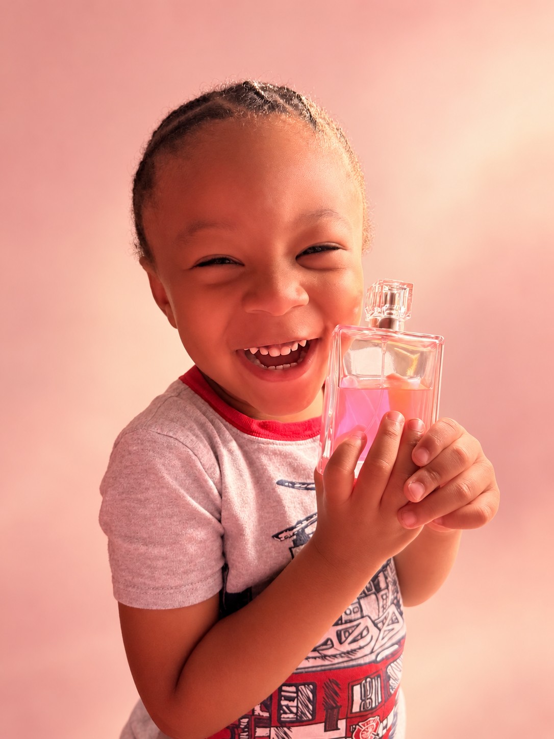 Kristen’s son smiling as he holds her first perfume prototype